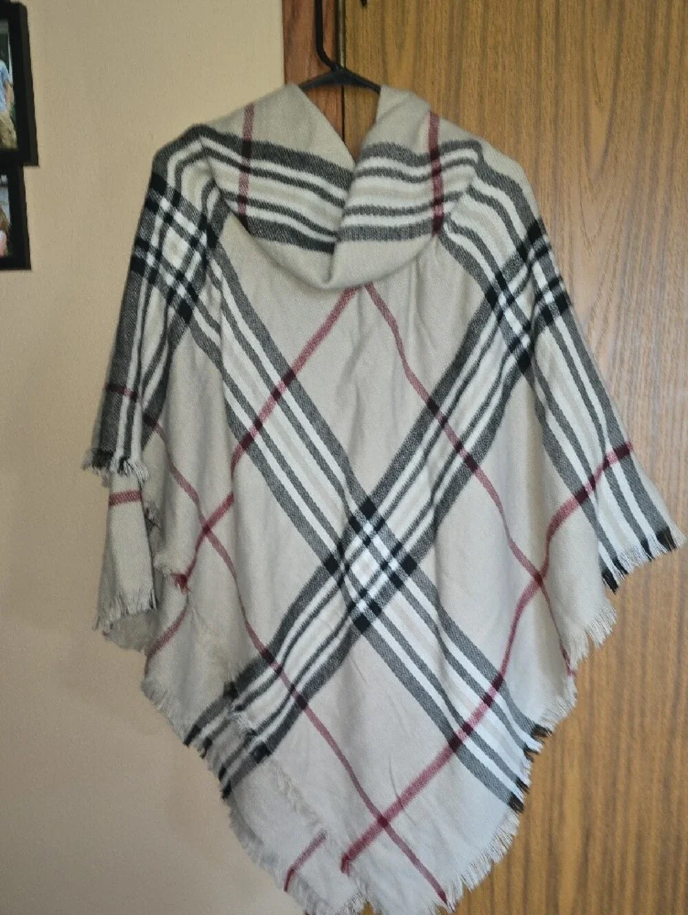 Fraas Plaid Hooded Poncho in Beige, Black and Burgundy - Picture 3 of 3